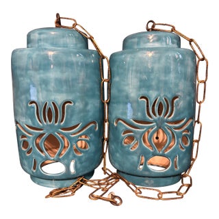 Vintage Mid-Century Modern Turquoise Cutout Ceramic Swag Pendant Lamps - A Pair For Sale