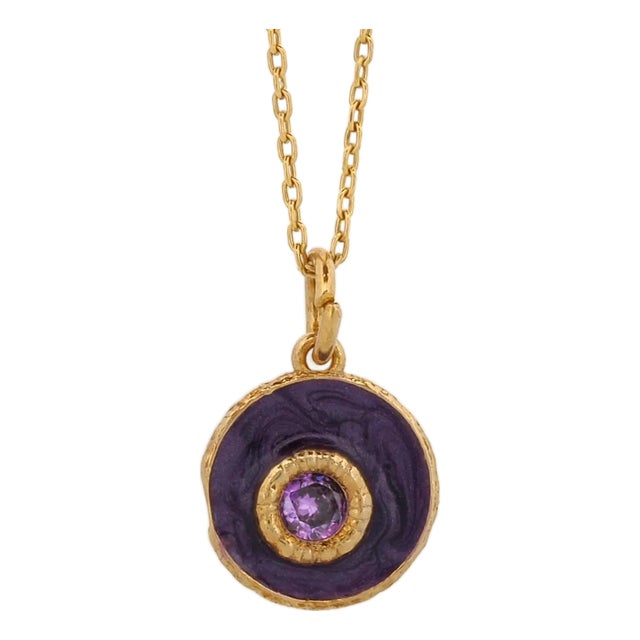 Purple Enamel Amethyst Stone Evil Eye Pendant Gold Chain Necklace For Sale