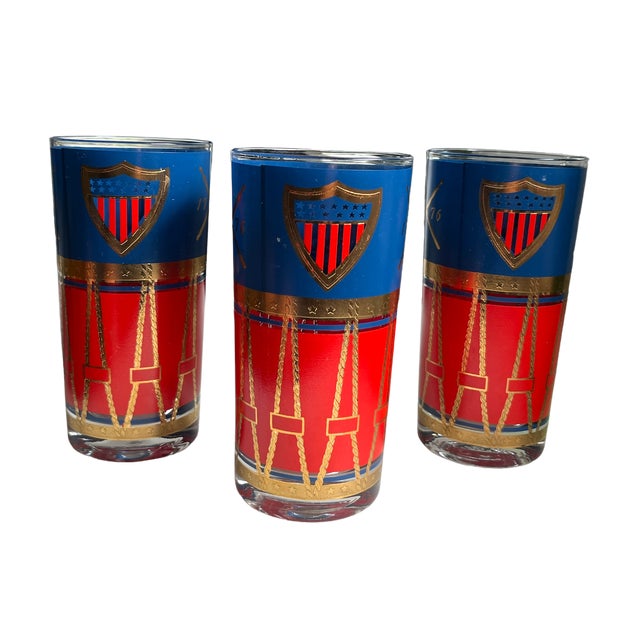 Gorgeous set of three vintage bicentennial Cera glasses in blue, red and 24k gold. Each glass has the same design showing...