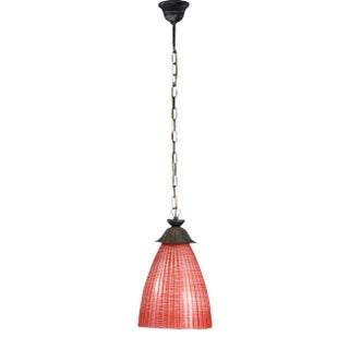 Italian Striped Coral Red Glass Ceiling Lamp, 1970s For Sale