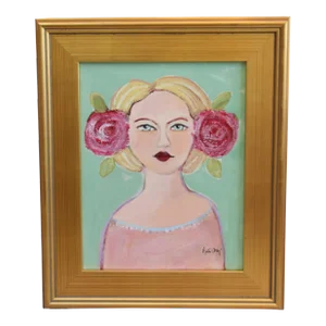 Chic Woman Portrait Painting With Pink Flowers in Her Blonde Hair Including the Antiqued Gold Wood Frame