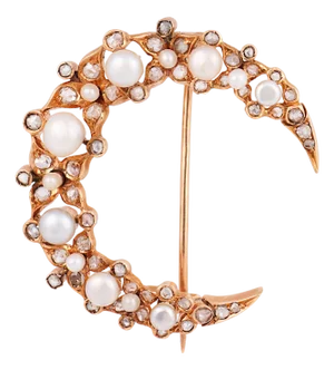 Late 19th Century Victorian Pearl Rose Cut Diamond Crescent Moon 18k Yellow Gold Brooch