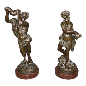 Pair French Bronze Sculptures of Satyr & Lady Rouge Marble Bases After Clodion