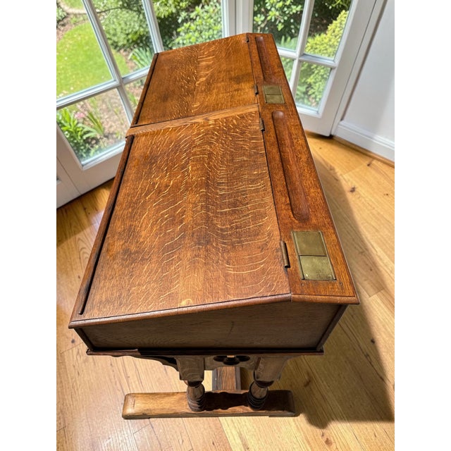 Late 19th Century Antique English Slant-Top Gothic Revival Oak Double School Desk For Sale - Image 5 of 10