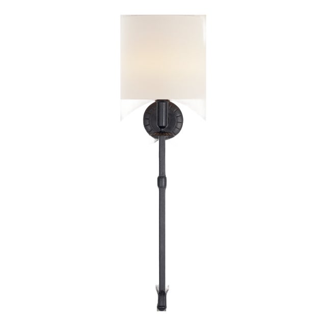 Thomas O'Brien for Visual Comfort Signature Michel Tail Sconce in Aged Iron with Linen Shade For Sale