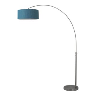 1960s Morelli 1-Light Mid Century Floor Lamp - Modern Arc Lamp, Pool Blue Linen Shade, Black Nickel FInish For Sale