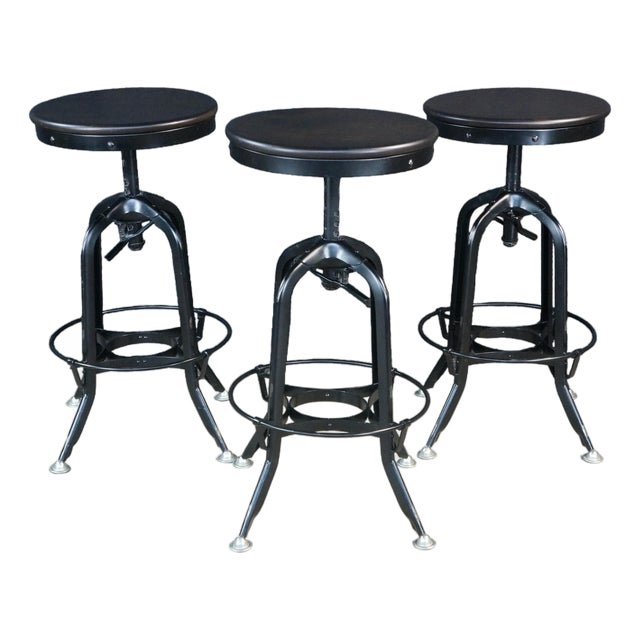 3 Restoration Hardware Industrial Modern Adjustable Vintage Toledo Bar Stools Set For Sale