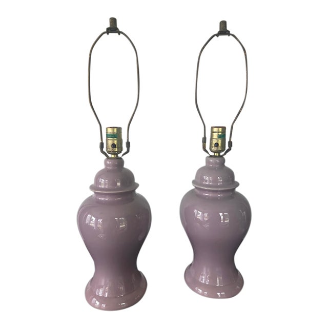 Vintage Postmodern Lavender Ceramic Ginger Jar Table Lamps - A Pair For Sale