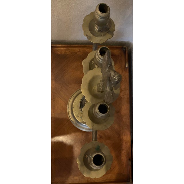 Metal Antique Brass Candelabra Sabbath Judaica Europe 4 Light With Eagle Holding Swords - a Pair For Sale - Image 7 of 9