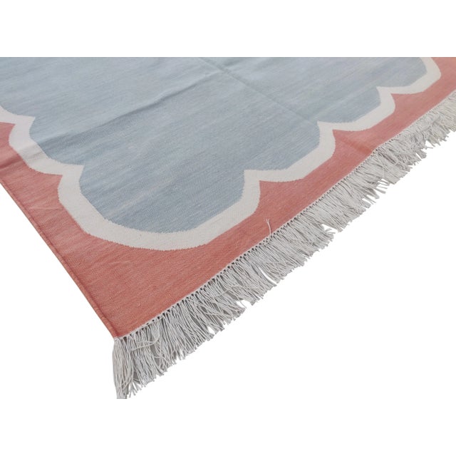 Boho Chic Handmade Cotton Pale Aqua, Cream and Red Washed Border Scalloped Rug - 6'x9' For Sale - Image 3 of 6