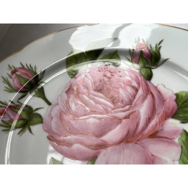 Vintage shabby chic, hand painted, pink cottage roses in full bloom on porcelain blanks with scalloped and gold rims....