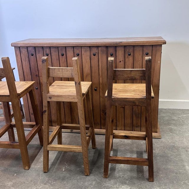 Rustic Wood Bar Counter with Stools, Set of 5 For Sale - Image 6 of 15