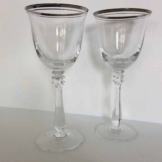 Vintage Double Line Platinum Rim Crystal Wine Glasses - a Pair For Sale - Image 13 of 13