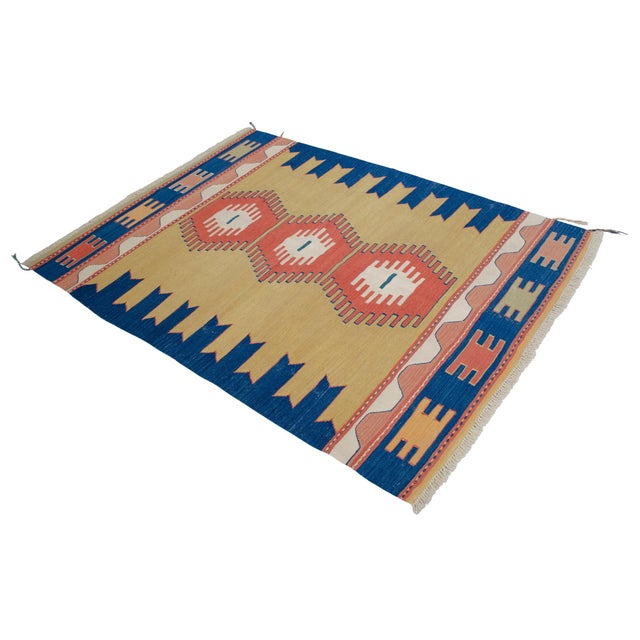 Sand Turkish Rug Hand-Woven Oushak Kilim Rug Vintage but Unused Home Decor - 4'1" X 5'8" For Sale - Image 8 of 12