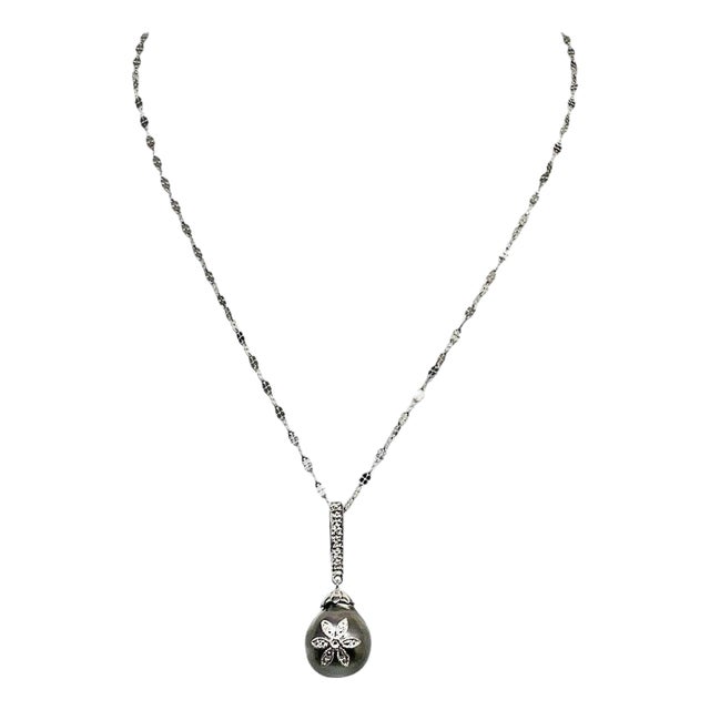 Diamond Tahitian Pearl Necklace 18k Gold Certified For Sale