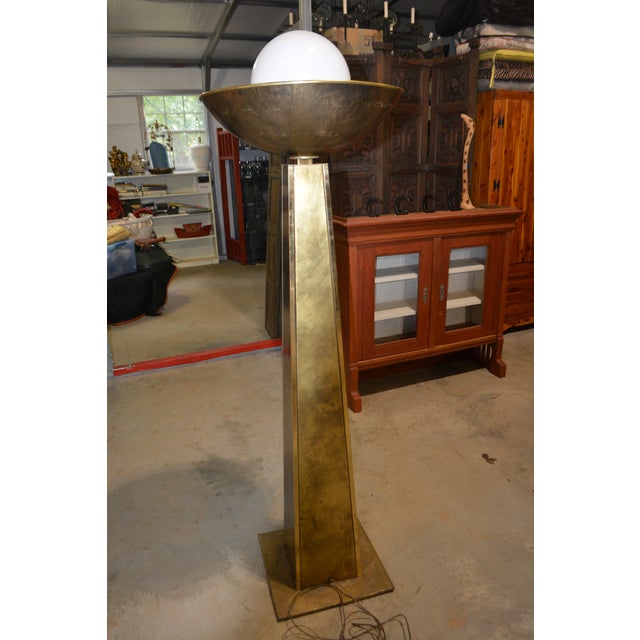 This is a great looking tall floor lamp. Very mid century!. I believe it is by Belgochrom, but is unmarked. Brass with a...