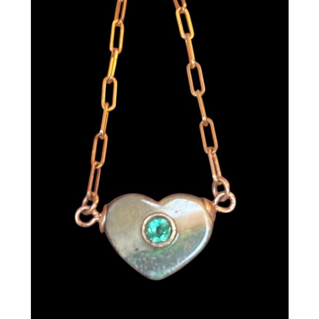 Modern Australian Opal Heart Necklace With Emerald & 14k Gold Paperclip Chain For Sale - Image 3 of 6
