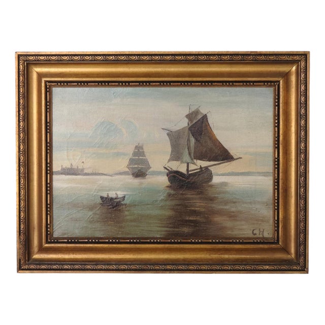 Three Sailing Ships Near Kronborg Castle in Gilt Frame, 1890s-1910s, Painting on Canvas, Framed For Sale