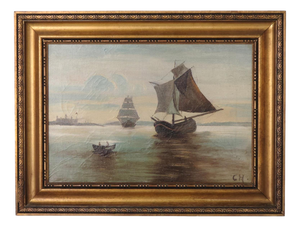 Three Sailing Ships Near Kronborg Castle in Gilt Frame, 1890s-1910s, Painting on Canvas, Framed