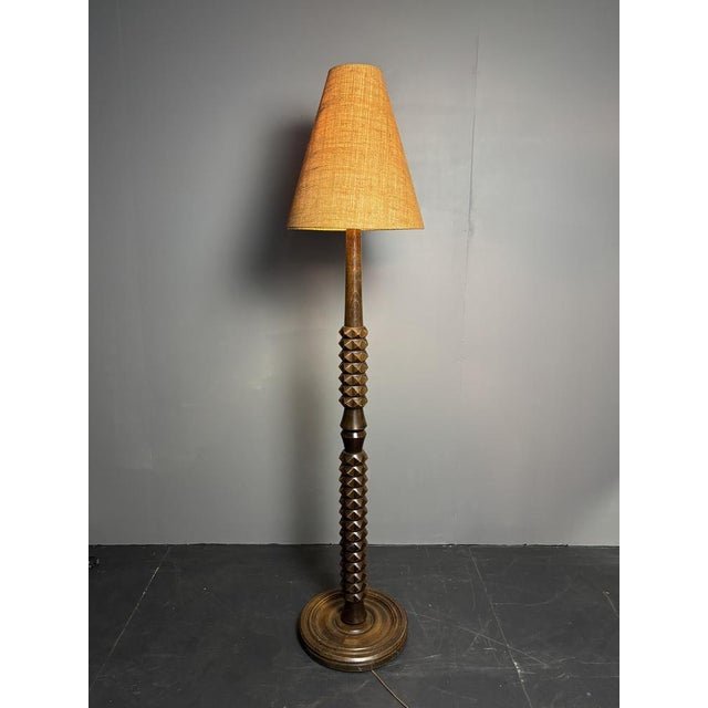 Mid-Century Brutalist Art Deco Floor French Wood Turned Lamp in the Style of Charles Dudouyt, 1950s For Sale - Image 12 of 14