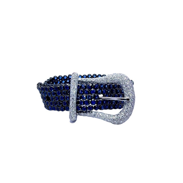 Early 21st Century Blue Sapphire & Diamond 18k White Gold Belt-Buckle Bracelet For Sale - Image 5 of 6