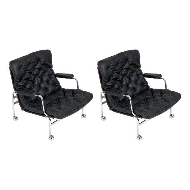 Karin Lounge Chairs in Black Leather by Bruno Mathsson for Dux, Set of 2 For Sale