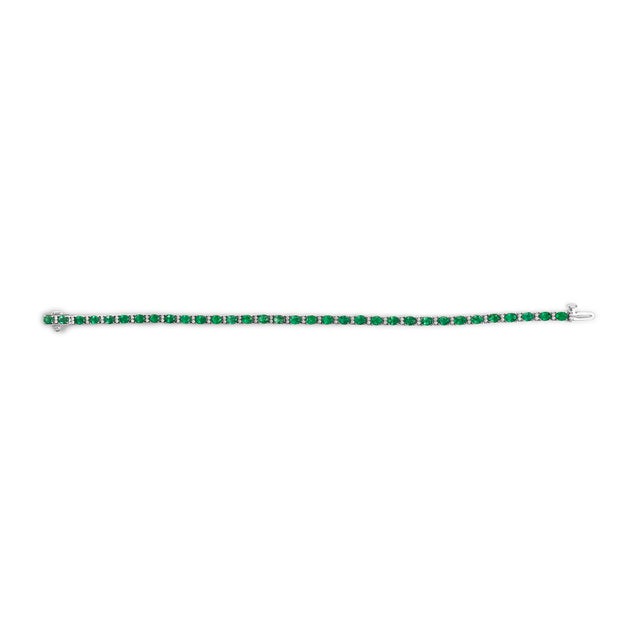 Contemporary 14K White Gold Alternating Oval Green Emerald and Diamond Tennis Bracelet For Sale - Image 3 of 5