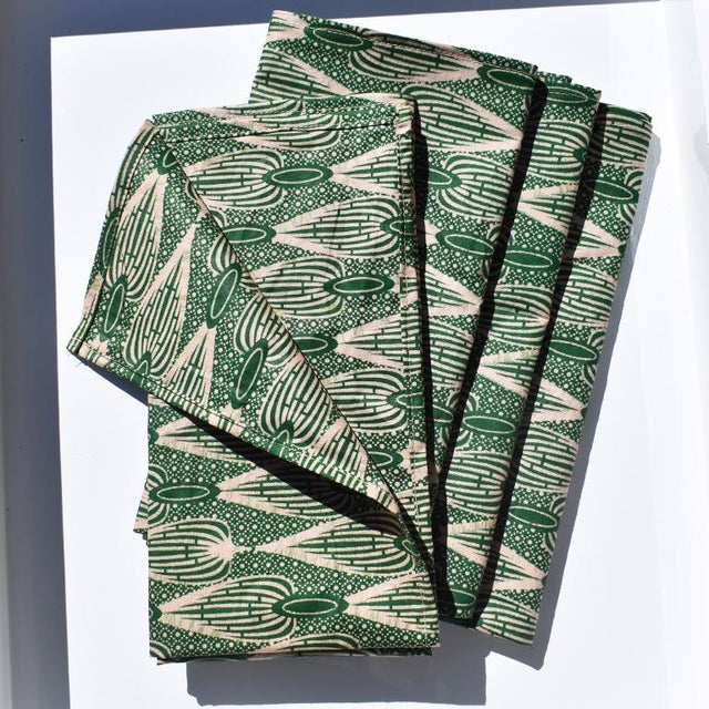 African Wax Formal Cloth Dinner Napkins In Green Block Print Set