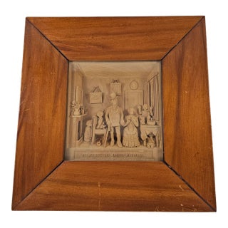 Vintage Wooden Carving Shadow Box Art Dutch Family Scene 1941 For Sale