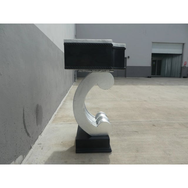 Silver 1940's Hollywood Regency Marble Top Scroll Console For Sale - Image 8 of 9