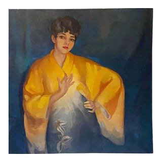 Acrylic Modern Portrait of Lady in Yellow Kimono For Sale