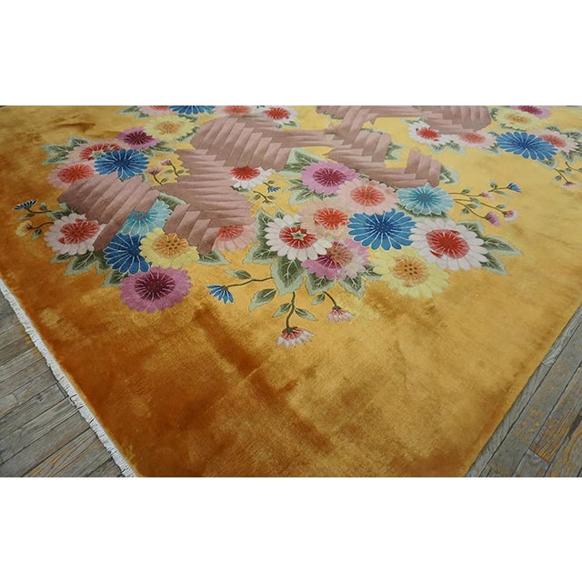 1930s Antique Yellow-Saffron Floral Modern Antique Chinese Art Deco Carpet Rug For Sale - Image 10 of 13
