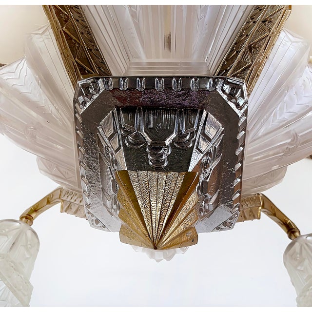 Metal 1930s Art Deco Gilt, Silvered Bronze Chandelier, Frosted Glass Shades For Sale - Image 7 of 14