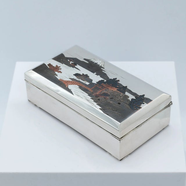 Gray Japanese Silver Box with Inlaid Mixed Metal Panel, 1950s For Sale - Image 8 of 11