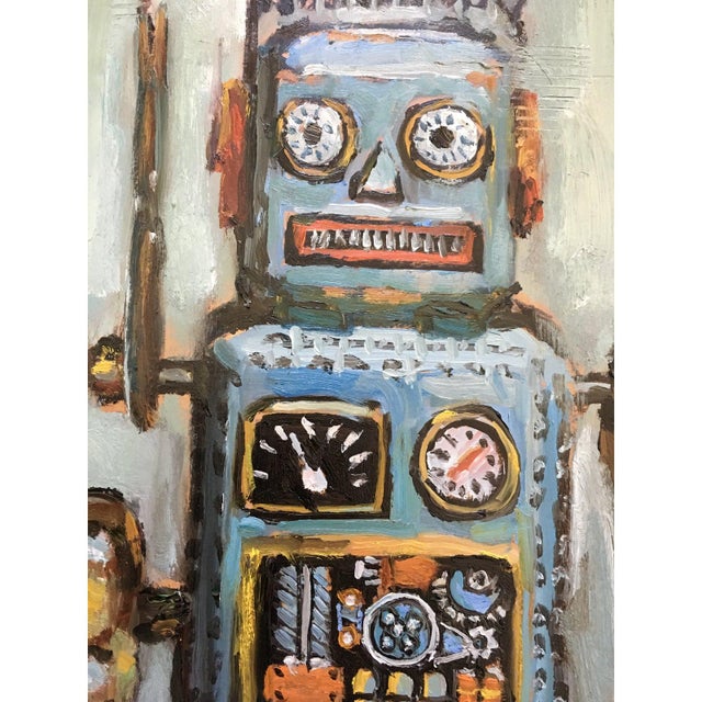 21st Century Bradford Solomon Oil on Canvas Vintage Curly the Robot Framed Contemporary Large Still Life Blue Red Yellow For Sale In Los Angeles - Image 6 of 10