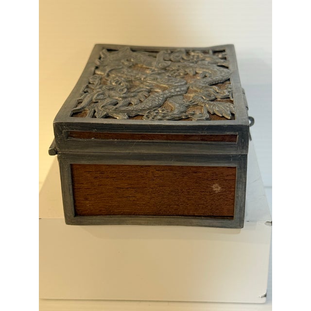 Vintage Chinese Dragon Relief Wood & White Metal Decorative Trinket Box For Sale - Image 4 of 12