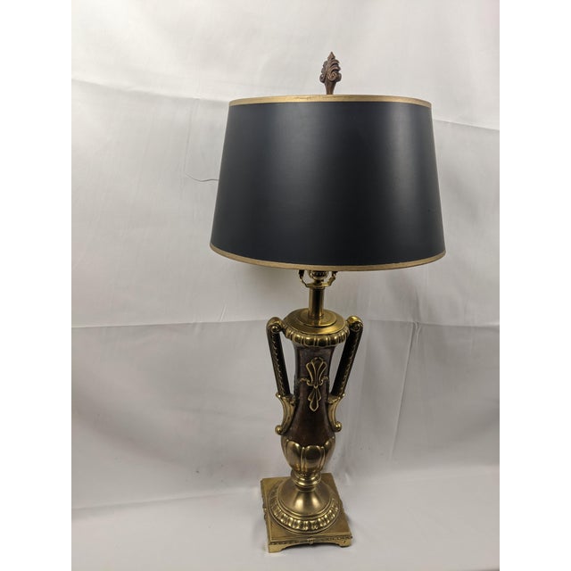 Late 20th Century Large Neoclassical Style Brass & Faux Burlwood Table Lamp With Black Shade – 34"h For Sale - Image 16 of 18