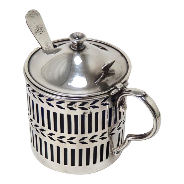 Antique Edwardian Sterling Silver & Cobalt Blue Glass Mustard Pot For Sale