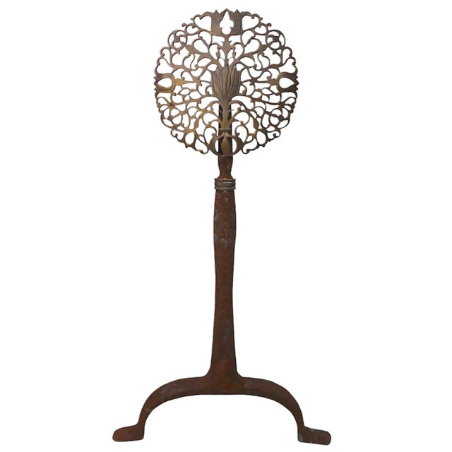 Early 20th Century Pr. Brass Filigree Medallion Wrought Iron Base Andirons Att. To Virginia Metal Crafters For Sale - Image 5 of 9