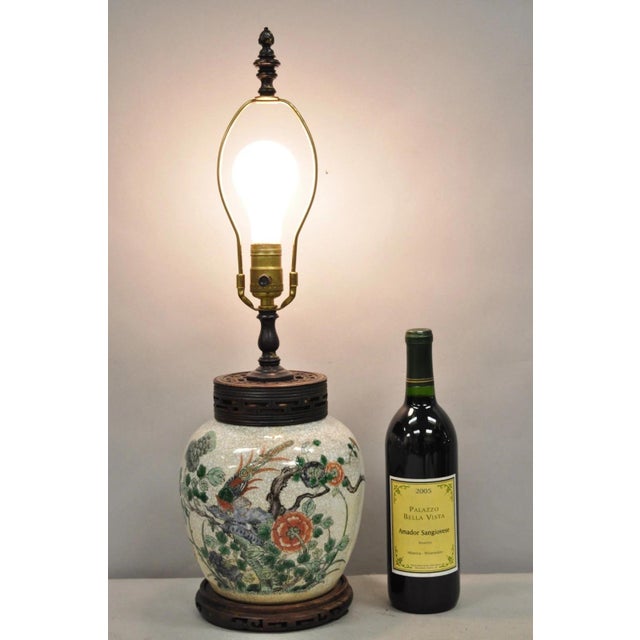 Antique Oriental Porcelain Bulbous Vase Bird Painted Table Lamp W/ Shade For Sale - Image 12 of 12