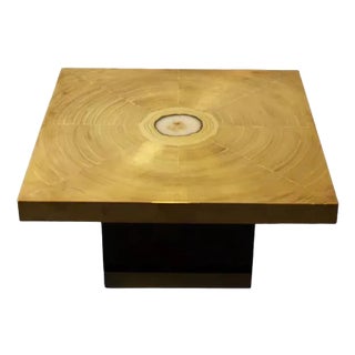 Coffee Table in Engraved Brass and Agate Stone, 1970s For Sale