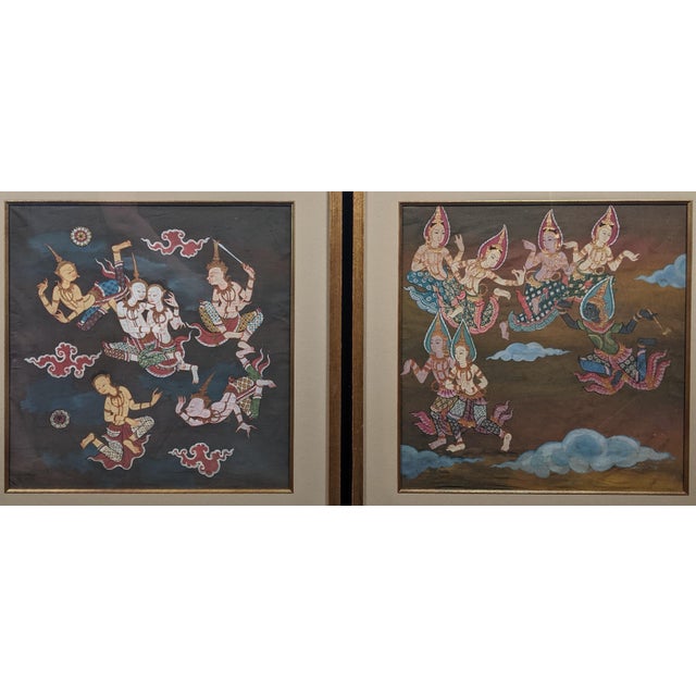 Late 20th Century Late 20th Century Pair of Thai Celestial Figure Paintings on Fabric, Gilt Frames For Sale - Image 5 of 14