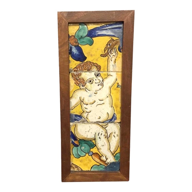 18th Century Italian Majolica Faience Pottery Putto Framed Tiles For Sale