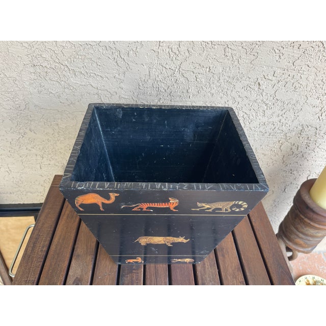 Workaday Handmade 1980s Farmhouse Handmade Usa Decoupage Wood Zebra & Monkeys Wastepaper Basket For Sale - Image 4 of 8