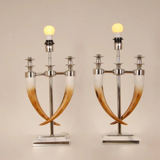 Vintage Chrome Table Lamps Faux Horn Silver Marble Base Modern Table Lamps a Pair For Sale - Image 9 of 11