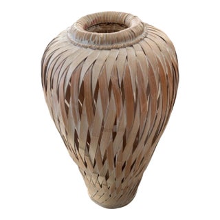 Vintage Boho Chic White Washed Slatted Bamboo Floor Vase For Sale