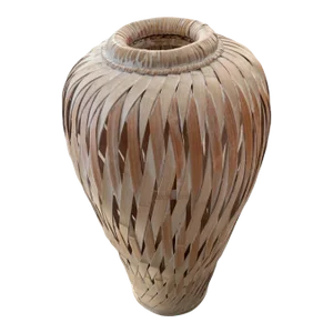 Vintage Boho Chic White Washed Slatted Bamboo Floor Vase