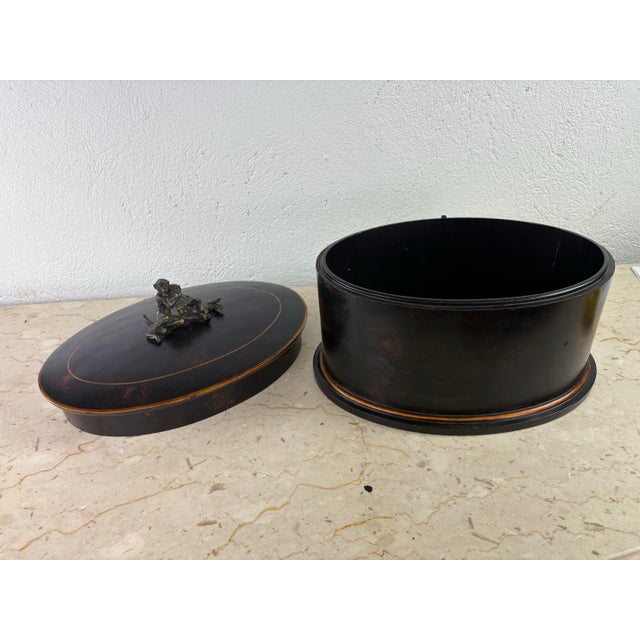 Large Handcrafted Oval Dresser Box With Bronze Monkey Handle For Sale - Image 9 of 10