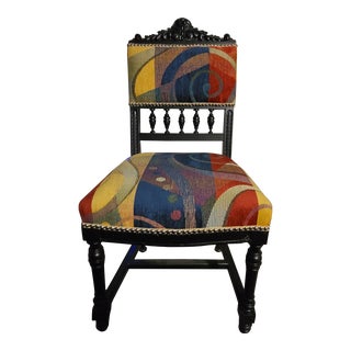 Mid Century Newly Re-Upholstered Multi-Color Ornate Wood Frame For Sale