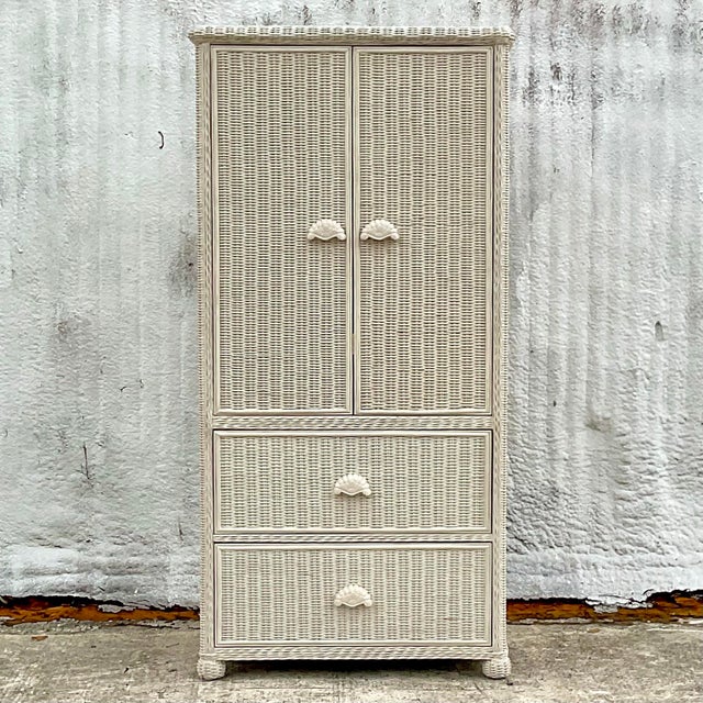 Vintage Coastal Cerused Woven Rattan Armoire Chairish